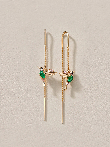 Серьги-продевки "Колибри" с выращенным изумрудом и позолотой
